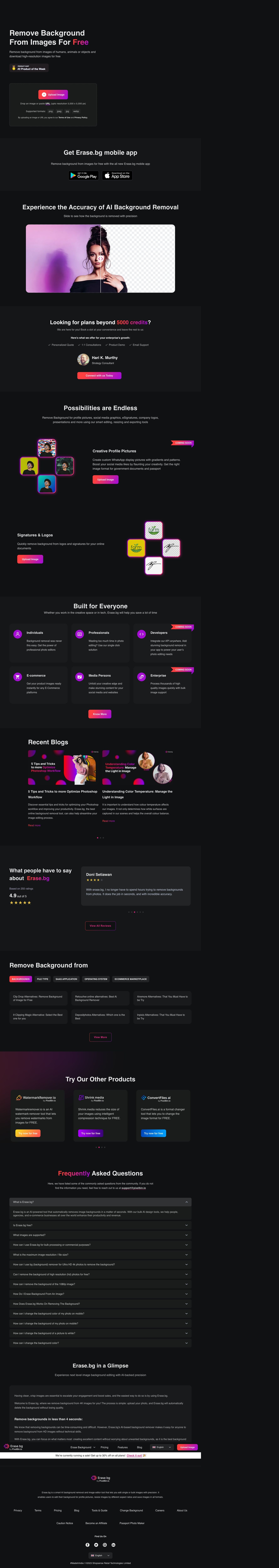 Erase.bg landing page design