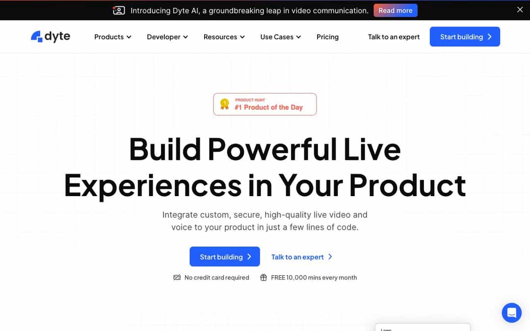 Live Video SDK by Dyte landing page design