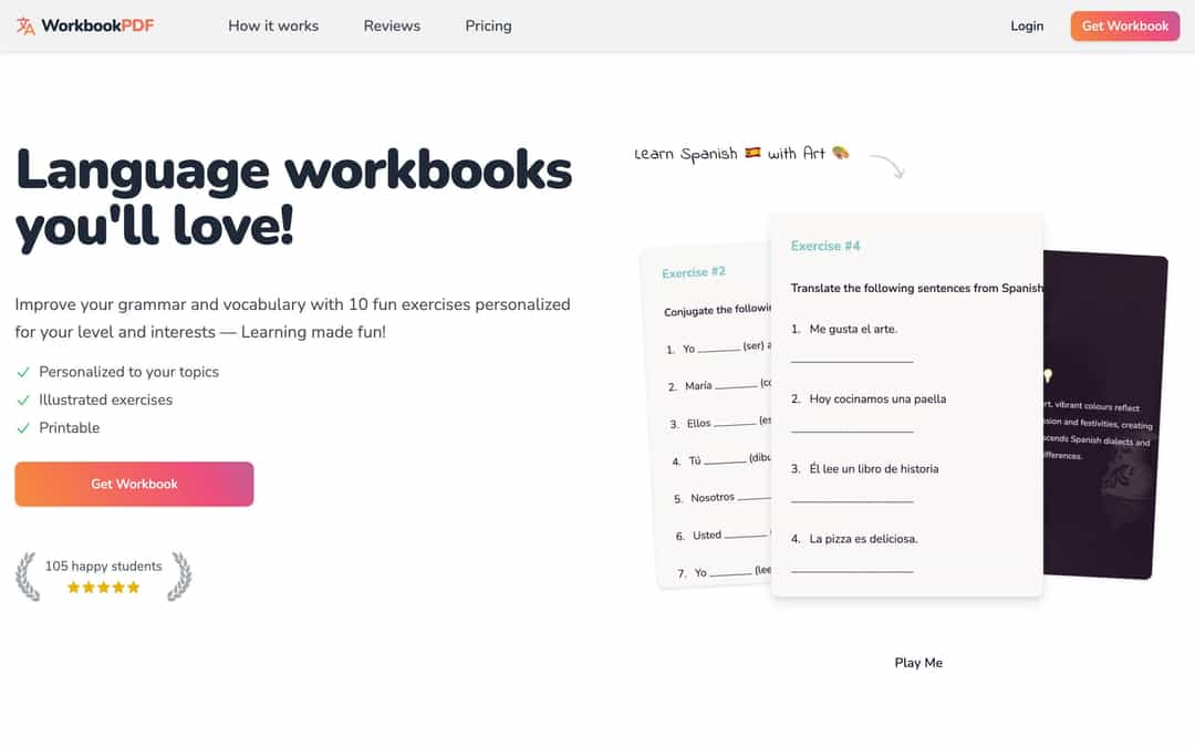 WorkbookPDF landing page design